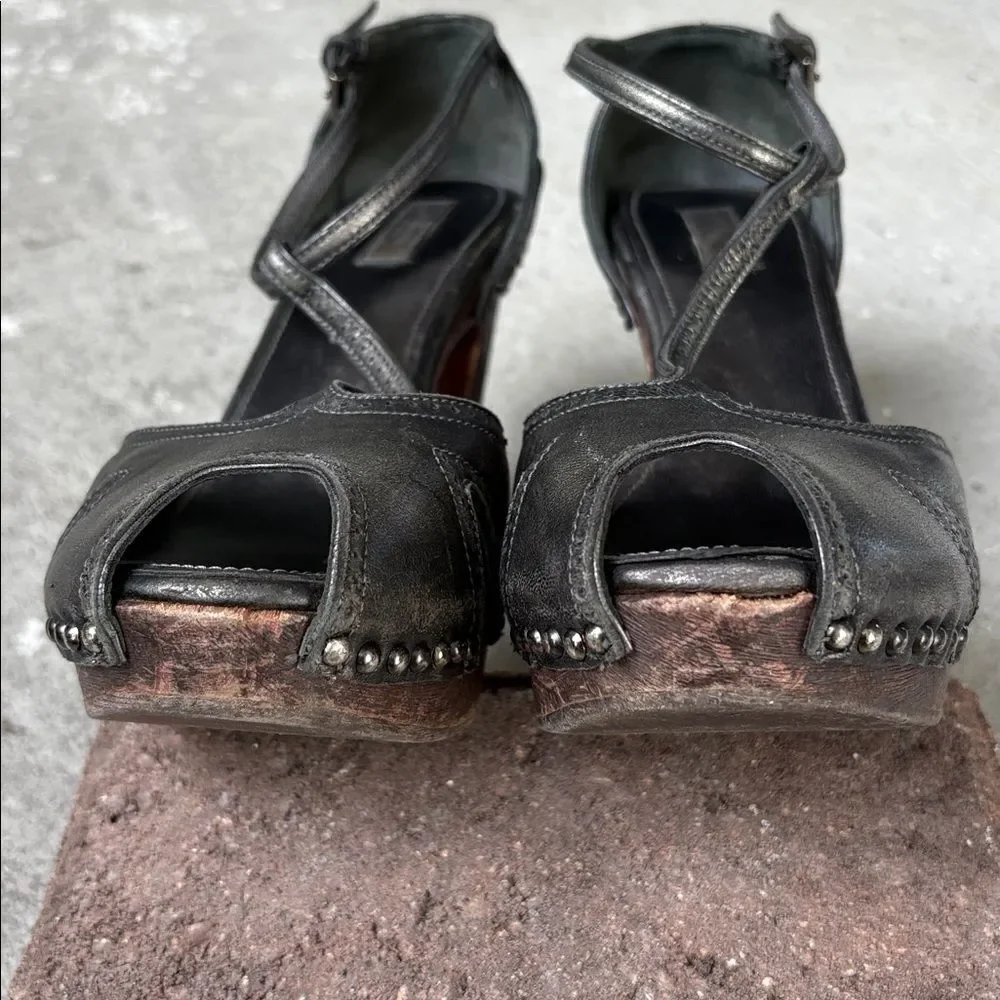 Prada gunmetal open toe platforms